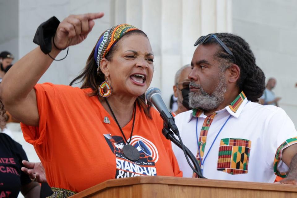 Executive Director of GA Stand-Up Deborah Scott (L) speaks during a Make Good Trouble Rally at the Lincoln Memorial August 28, 2021 in Washington, DC. Voting rights activists gathered in Washington to mark the 58th anniversary of the 1963 March On Washington, where Dr. Martin Luther King delivered his “I Have a Dream” speech, and urged the Senate to pass voting rights legislations. (Photo by Alex Wong/Getty Images)