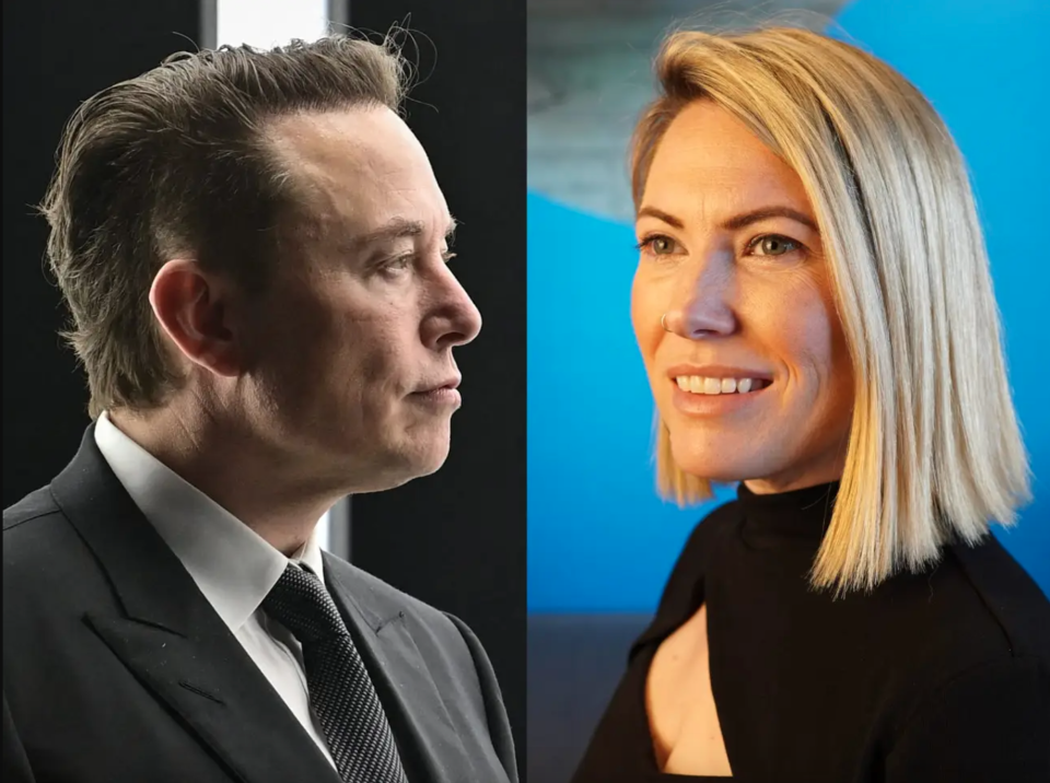 Elon Musk und Esther Crawford, ehemalige Leiterin des Produktmanagements bei Twitter. - Copyright: Patrick Pleul/Pool/AFP via Getty Images; Courtesy of Robert Cowherd