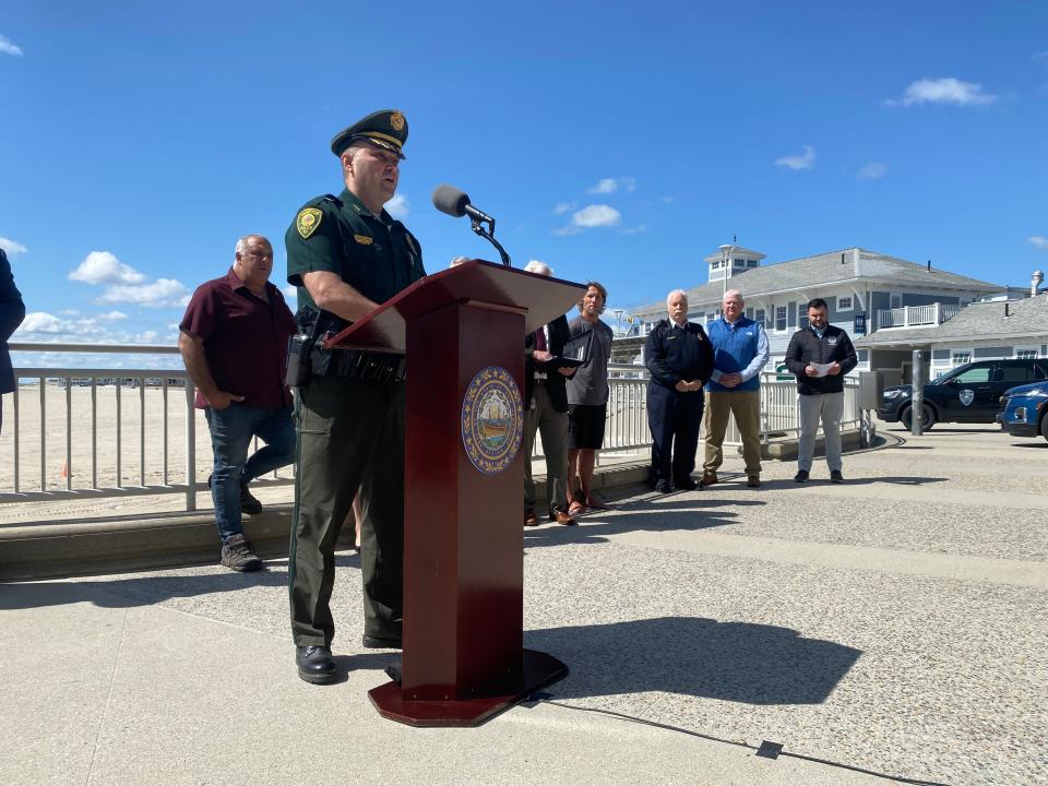 Hampton Police Chief Alex Reno speaking with state and local officials Thursday on law enforcement plans for safety this summer at Hampton Beach.