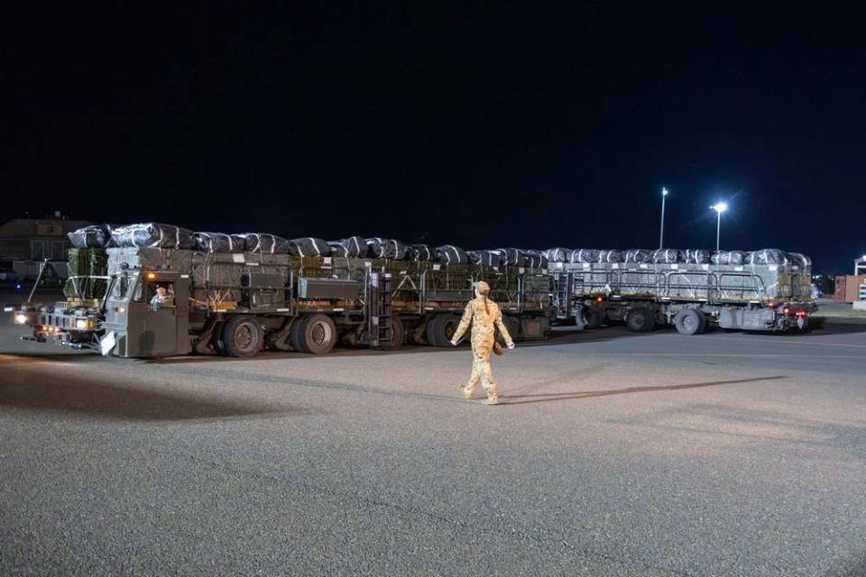 US Air Force K-loaders filled with pallets of Halal meals destined for an airdrop over Gaza