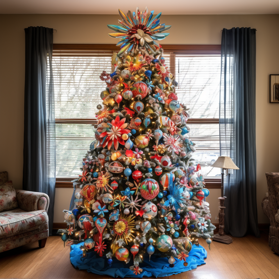 A Christmas tree that's absolutely covered in warm lights and various ornaments with a peacock and flower-like topper