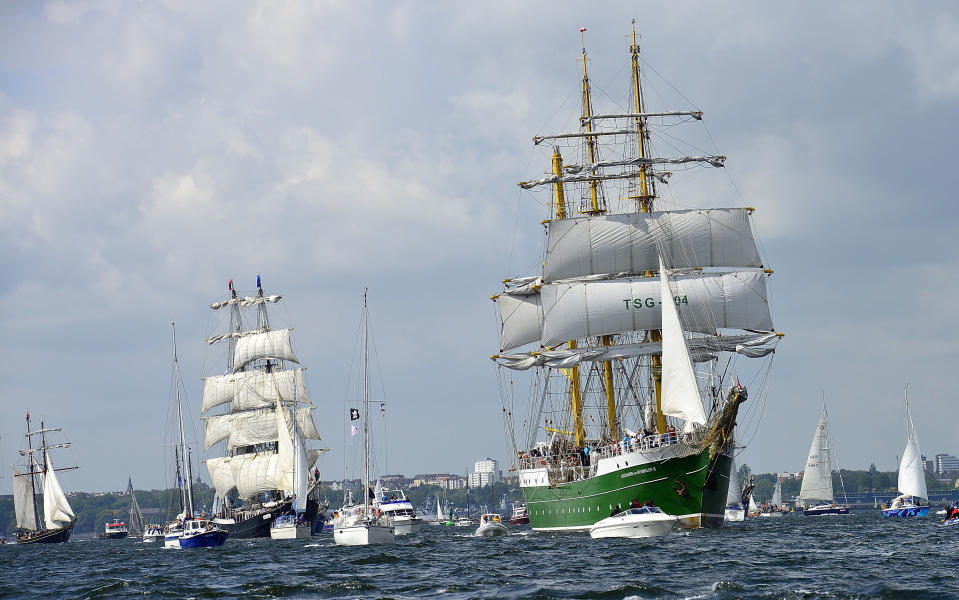 The "Alexander von Humboldt II" tall ship leads the Windjammer Parade of tall ships on June 23, 2012 in Kiel, Germany. The parade, which features approximately 100 tall ships and traditional large sailing ships, is the highlight of the Kieler Woche annual sailing festival, which this year is celebrating its 130th anniversary and runs from June 16-24. (Photo by Patrick Lux/Getty Images)