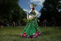 <p>A young woman who said her creation of her outfit, inspired by nature, just “grew and grew and grew”, attends the Victorian Picnic on the first day of the annual Wave-Gotik-Treffen (WGT) Goth music festival on June 2, 2017 in Leipzig, Germany. (Sean Gallup/Getty Images) </p>