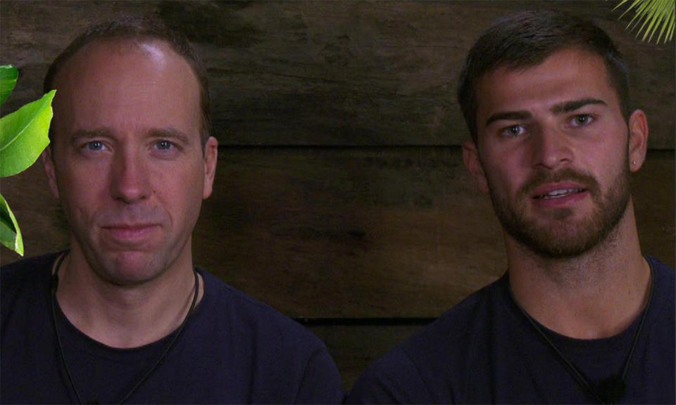 Matt Hancock and Owen Warner had a tense moment in the I'm A Celebrity trial. (ITV)