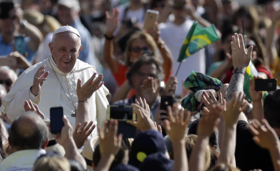 Pope Francis arrives for his weekly general audience, at the Vatican, Wednesday, Aug. 29, 2018. (AP Photo/Andrew Medichini)