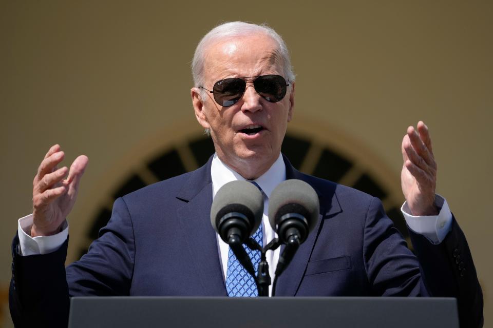 President Joe Biden speaks during a ceremony honoring the Council of Chief State School Officers' Teachers of the Year on April 24, 2023, at the White House.