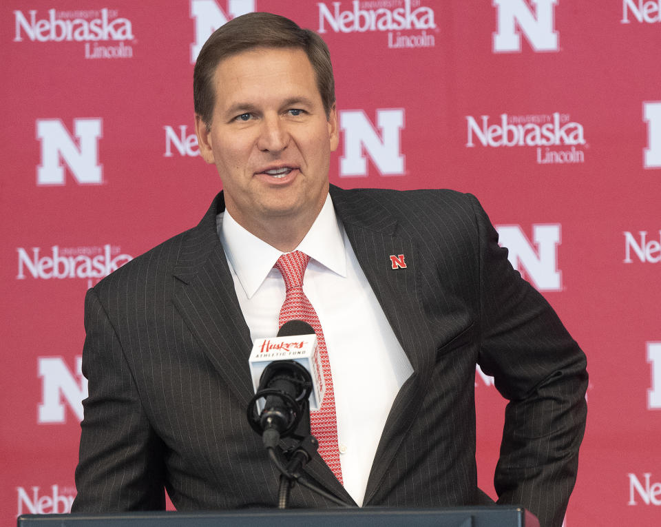 Trev Alberts speaks after he was is introduced as Nebraska's new athletic director during a news conference, Wednesday, July 14, 2021, at Memorial Stadium in Lincoln, Neb. (Gwyneth Roberts/Lincoln Journal Star via AP)