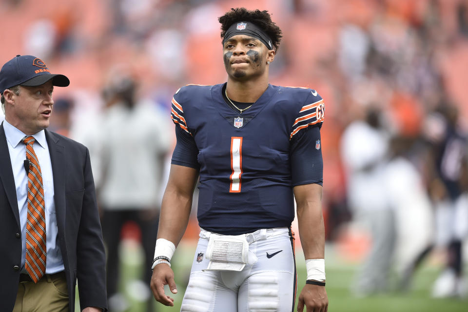 Chicago Bears quarterback Justin Fields (1) walks off the field after the Cleveland Browns defeated the Bears in an NFL football game, Sunday, Sept. 26, 2021, in Cleveland. (AP Photo/David Richard)