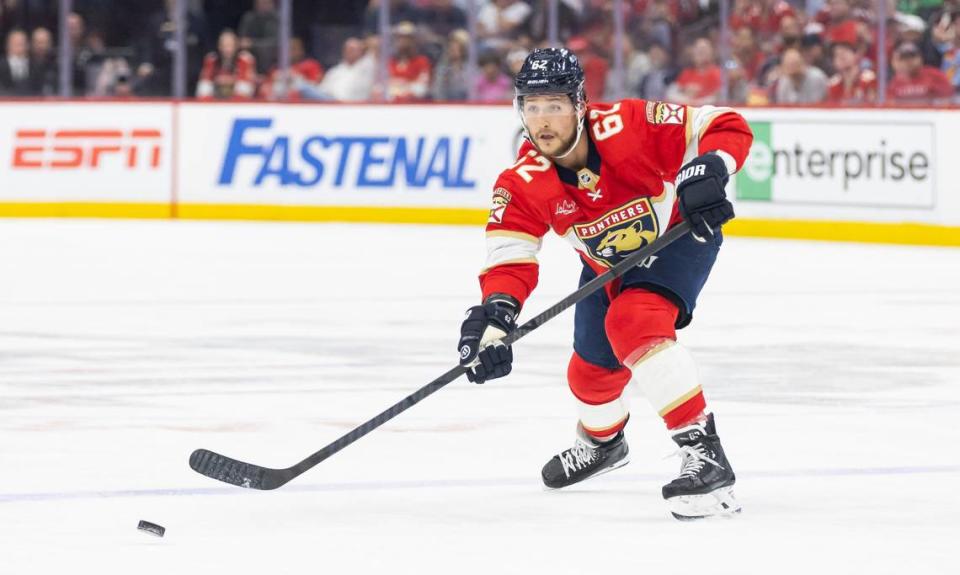 Florida Panthers defenseman Brandon Montour (62) passes the puck against the New York Rangers in the second period of Game 4 during the Eastern Conference finals of the NHL hockey Stanley Cup playoffs at the Amerant Bank Arena on Tuesday, May 28, 2024, in Sunrise, Fla.