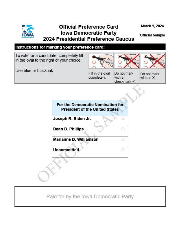 An image of what the Iowa Democrats' mail-in presidential preference cards look like. Cards are due back March 5, when results will be announced.