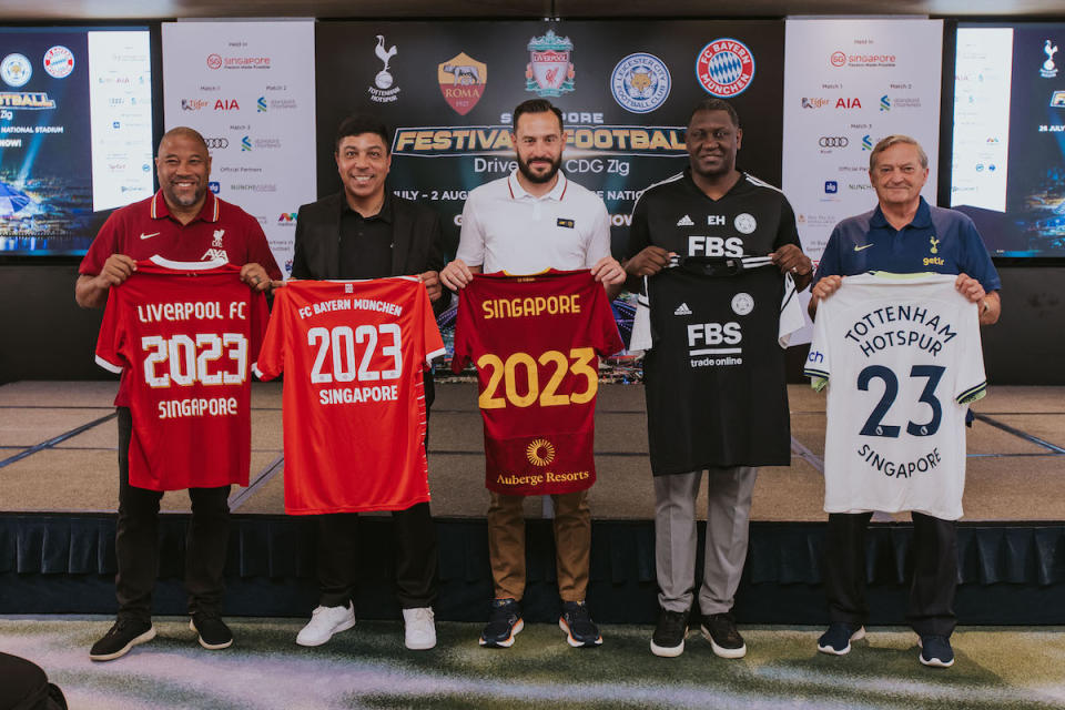 Club legends for participating European football clubs announce the Singapore Festival of Football: (from left) Liverpool's John Barnes, Bayern Munich's Giovane Elber, AS Roma's Marco Cassetti, Leicester City's Emile Heskey and Tottenham Hotspur's Gary Mabbutt. (PHOTO: Singapore Festival of Football Driven by CDG Zig)