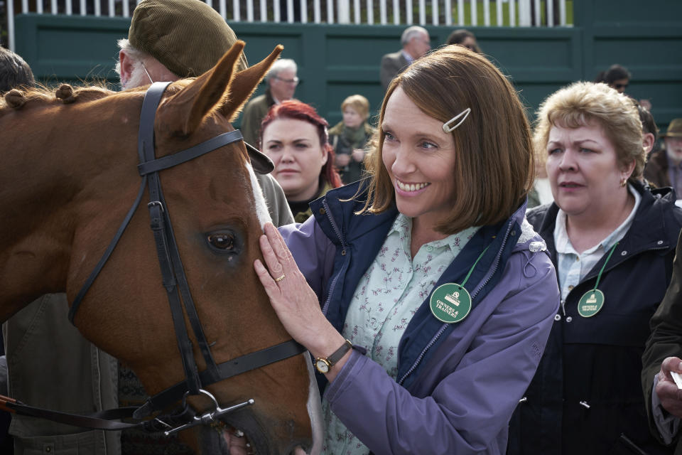 This image released by Bleecker Street shows Toni Collette in a scene from "Dream Horse." (Kerry Brown/Bleecker Street via AP)