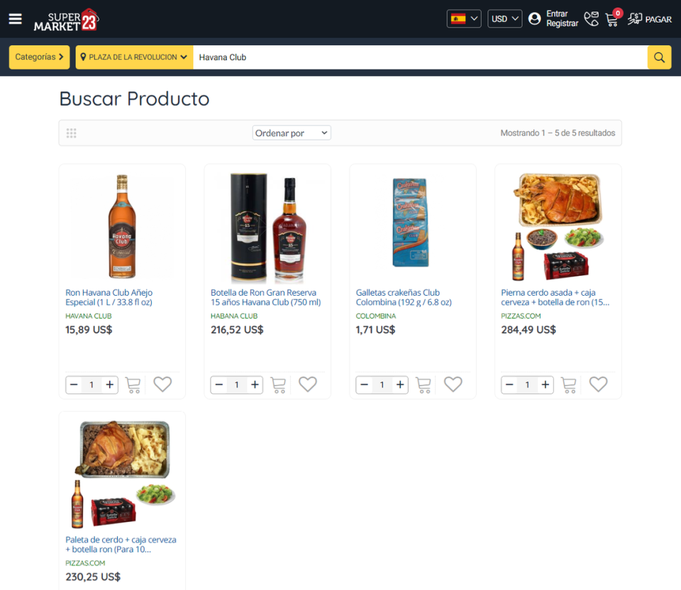 Captura de pantalla del sitio web Supermarket23.com, que ofrece productos Havana Club.
