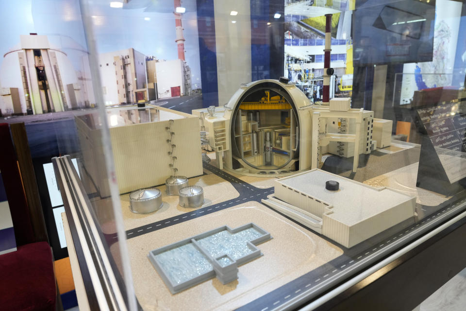 A model of Bushehr nuclear power plant is on display in an exhibition of the Iran's nuclear achievements during the "International Conference on Nuclear Science and Technology" in the central city of Isfahan, Iran, Monday, May 6, 2024. (AP Photo/Vahid Salemi)