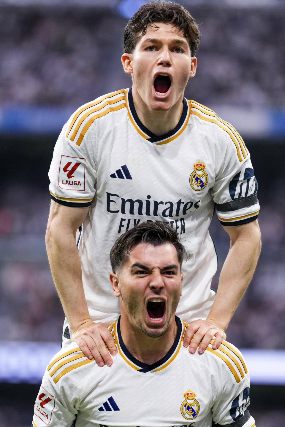 Real Madrid's Brahim Diaz celebrates after scoring his side's opening goal during the the Spanish La Liga soccer match between Real Madrid and Cadiz at the Santiago Bernabeu stadium in Madrid, Spain, Saturday, May 4, 2024. (AP Photo/Manu Fernandez)