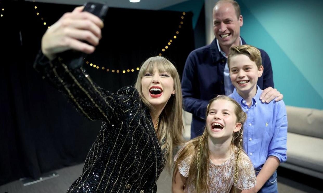 <span>Taylor Swift takes a selfie backstage with William, George and Charlotte.</span><span>Photograph: @princeandprincessofwales/Instagram</span>