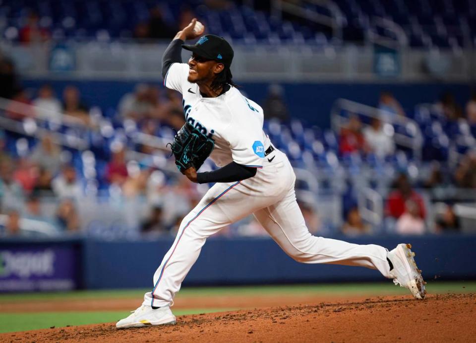 Miami Marlins starting pitcher George Soriano (62) pitches during the fourth inning at an MLB game against the San Francisco Giants on Wednesday, April 19, 2023, at loanDepot Park in Miami.