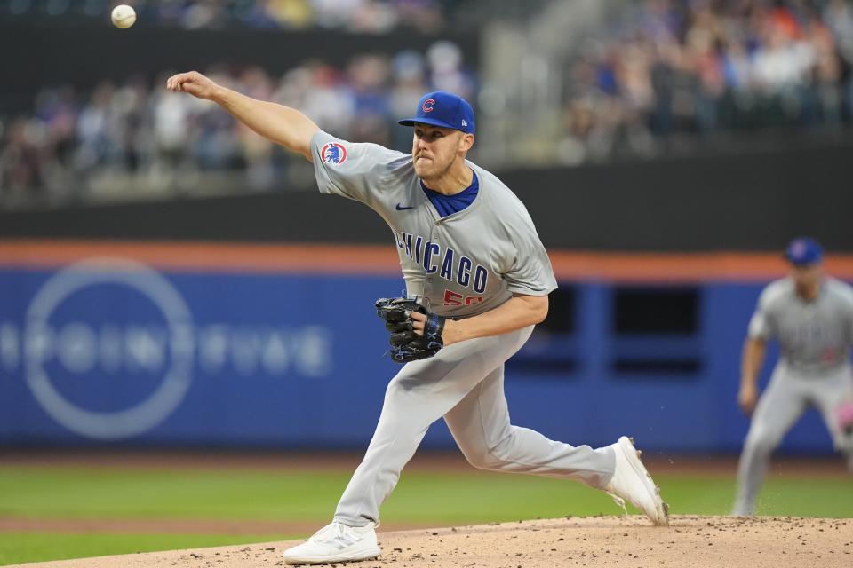 Chicago Cubs' Jameson Taillon pitches during the first inning of a baseball game against the New York Mets, Monday, April 29, 2024, in New York. (AP Photo/Frank Franklin II)