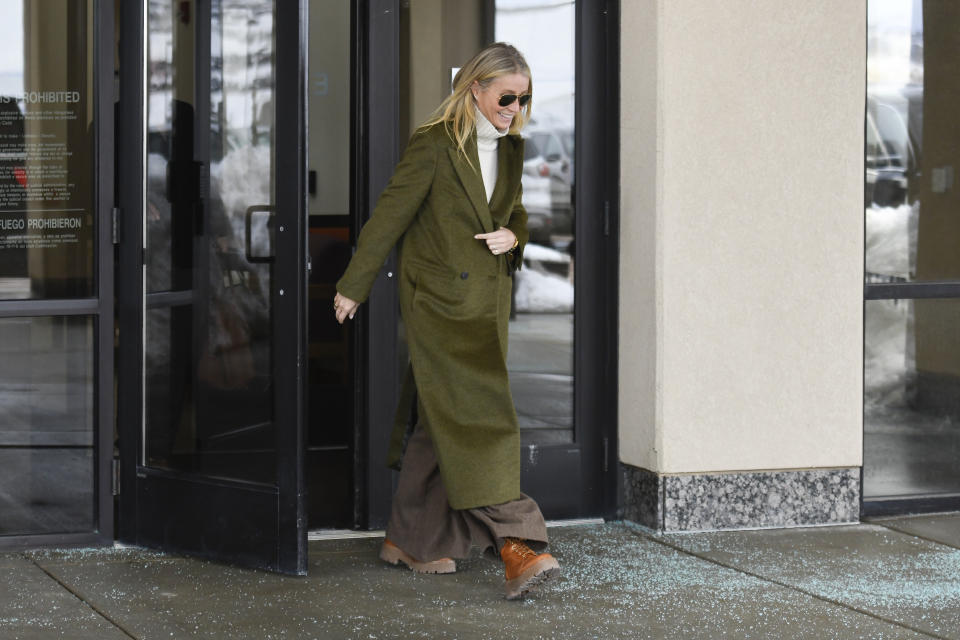 Actor Gwyneth Paltrow leaves the courthouse, Tuesday, March 21, 2023, in Park City, Utah, where she is accused in a lawsuit of crashing into a skier during a 2016 family ski vacation, leaving him with brain damage and four broken ribs. Terry Sanderson claims that the actor-turned-lifestyle influencer was cruising down the slopes so recklessly that they violently collided, leaving him on the ground as she and her entourage continued their descent down Deer Valley Resort, a skiers-only mountain known for its groomed runs, après-ski champagne yurts and posh clientele. (AP Photo/Alex Goodlett)