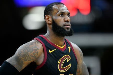 May 21, 2018; Cleveland, OH, USA; Cleveland Cavaliers forward LeBron James (23) during a timeout in the forth quarter against the Boston Celtics in game four of the Eastern conference finals of the 2018 NBA Playoffs at Quicken Loans Arena. Mandatory Credit: David Richard-USA TODAY Sports