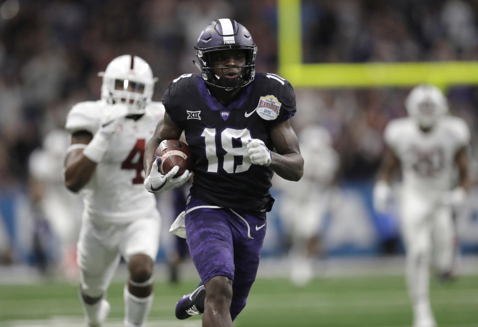 TCU wide receiver Jalen Reagor (18) scores on a 93-yard touchdown reception against Stanford. (AP Photo/Eric Gay)