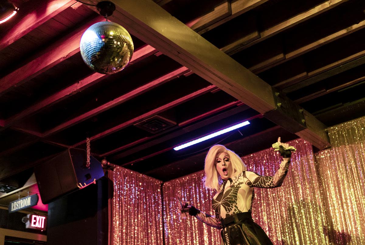 Drag queen Scarlett Kiss performs at Long Play Lounge in East Austin on June 12, 2021.