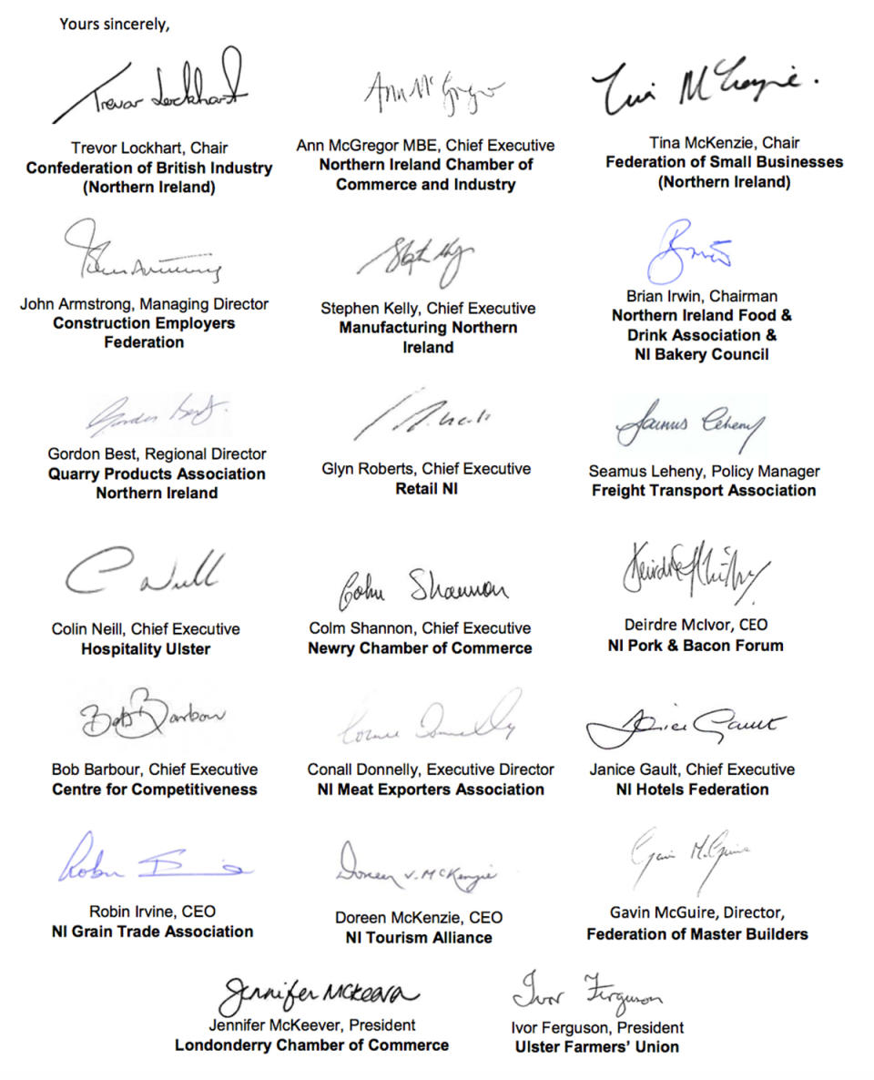 Representatives of 21 Northern Ireland business organisations signed the letter. Pic: Confederation of British Industry