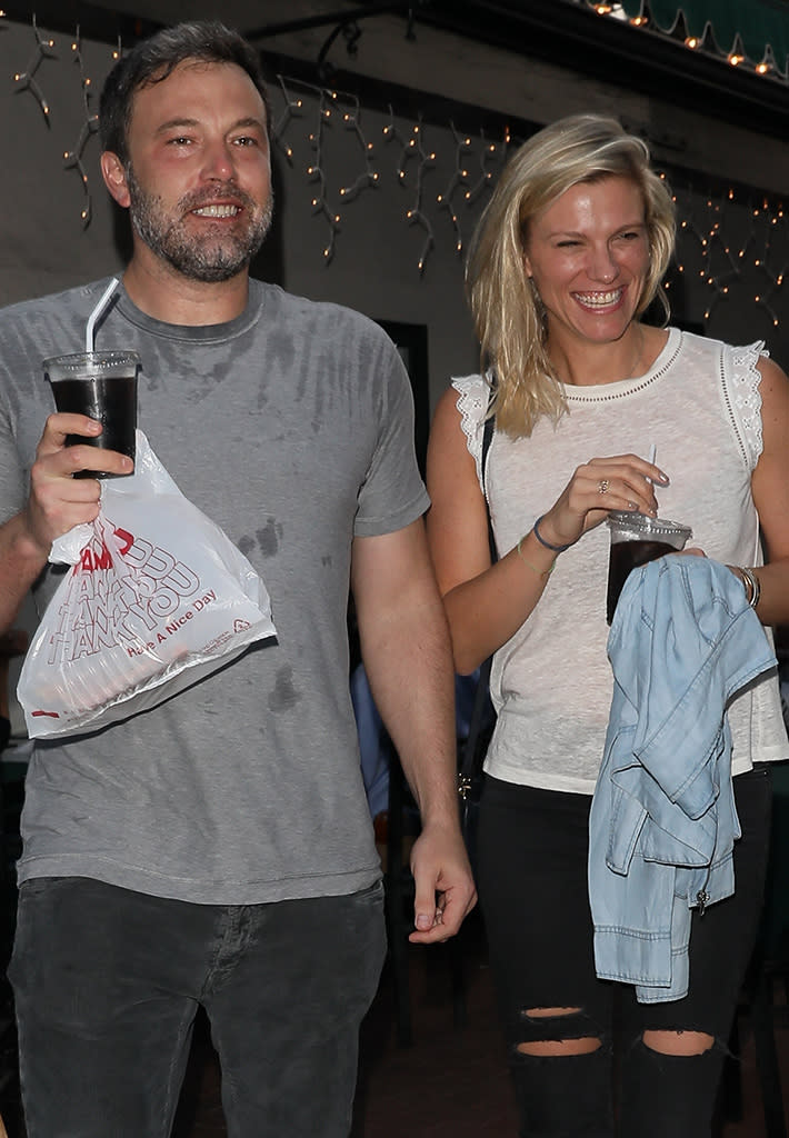Ben Affleck looks extremely happy exiting Beech Street Cafe restaurant after having some pizza with new girlfriend Lindsay Shookus