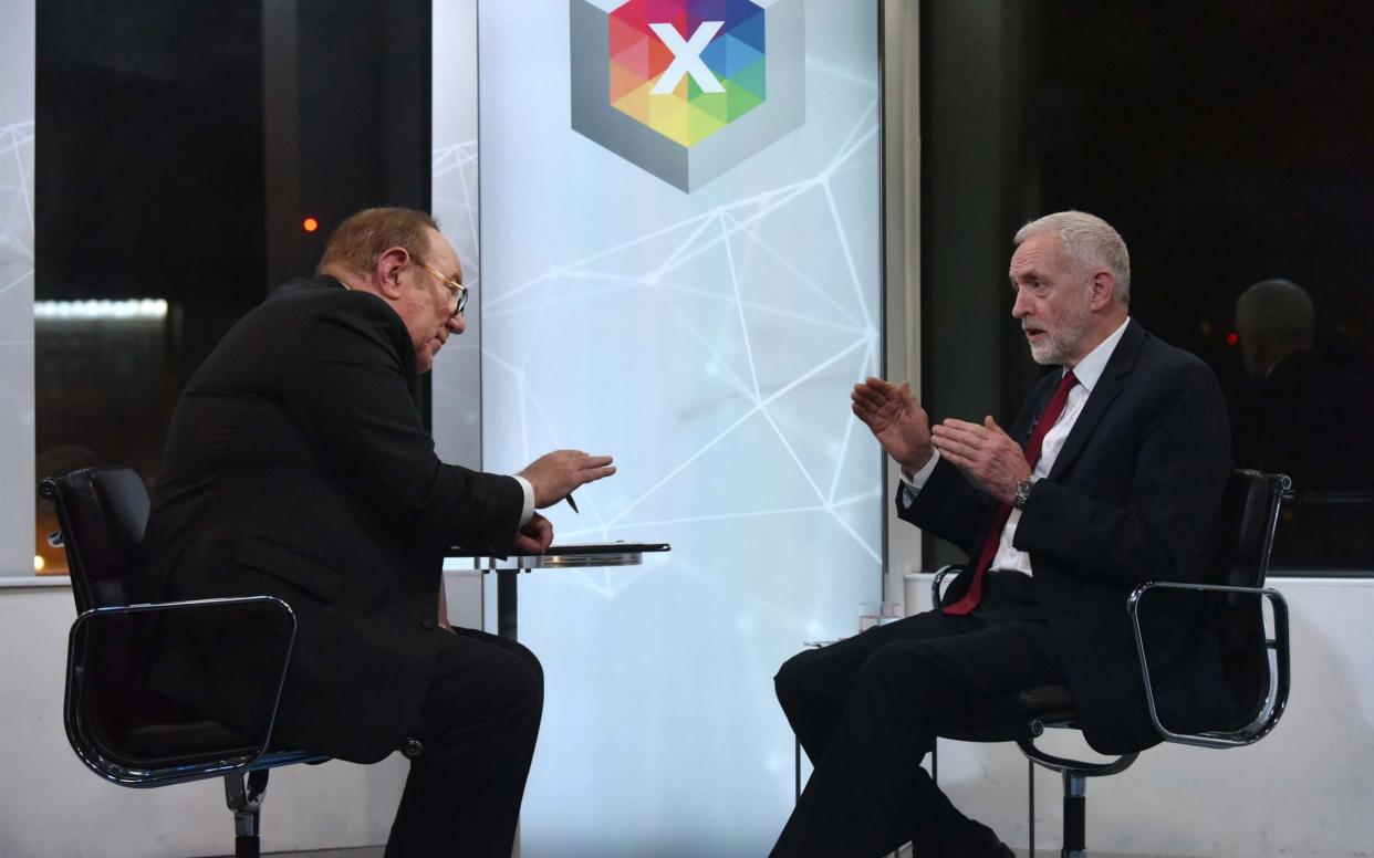 Andrew Neil (left) with Labour Party leader Jeremy Corbyn during a BBC interview - Jeff Overs/BBC/PA