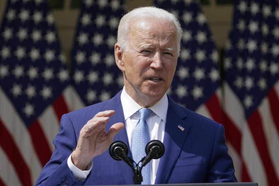 President Joe Biden speaks about gun violence prevention in the Rose Garden at the White House, Thursday, April 8, 2021, in Washington. (AP Photo/Andrew Harnik)