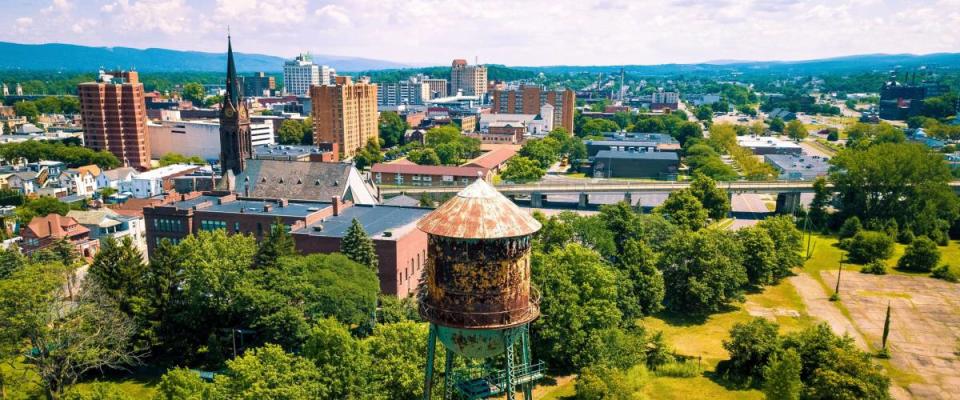 Wilkes-Barre, Pennsylvania cityscape with an old water tower in the foreground.