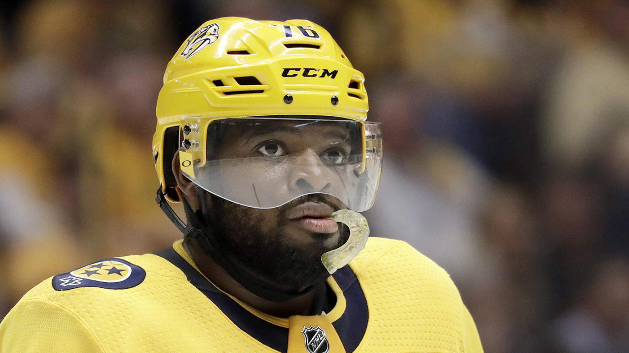 Nashville Predators defenseman P.K. Subban waits for play to resume after the Winnipeg Jets scored during the third period in Game 7 of an NHL hockey second-round playoff series Thursday, May 10, 2018, in Nashville, Tenn. The Jets won 5-1, and the Predators were eliminated from the playoffs. (AP Photo/Mark Humphrey)