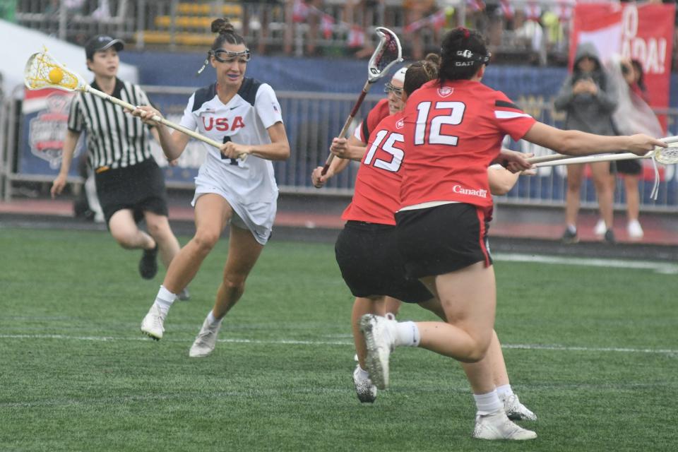 Moorestown native and USA midfielder Marie McCool winds up to score the first goal of the gold-medal game against Canada at the 2022 World Lacrosse Women's World Championship