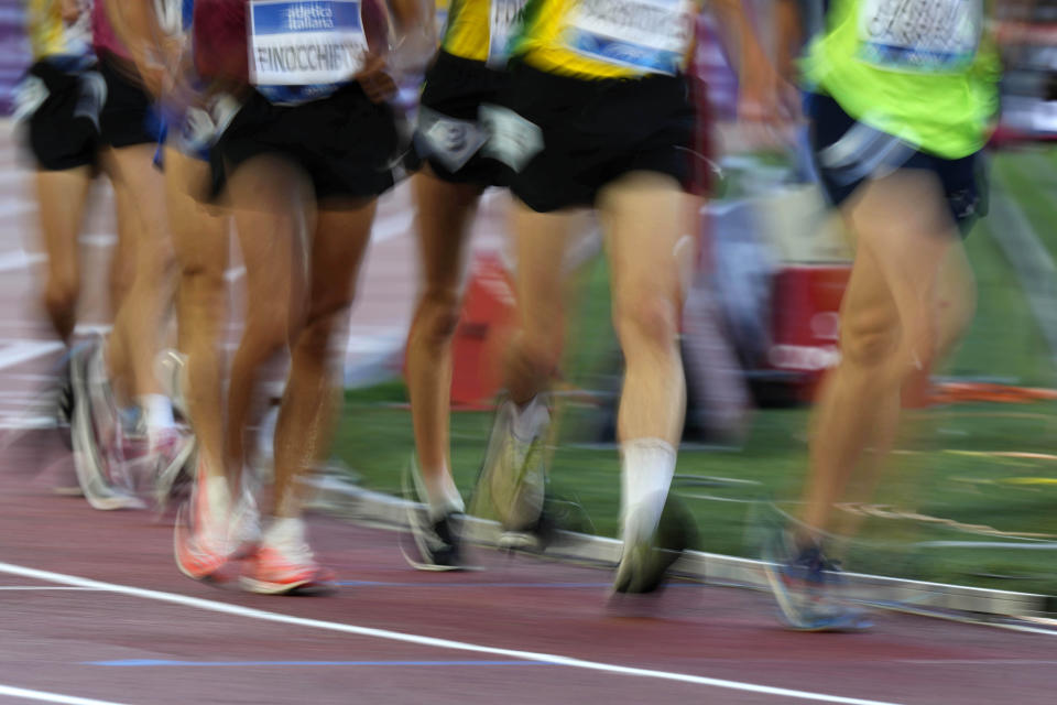 Athletes compete during the men's 3000 meters race walk at the Golden Gala Pietro Mennea IAAF Diamond League athletics meeting in Rome, Thursday, June 9, 2022. (AP Photo/Andrew Medichini)