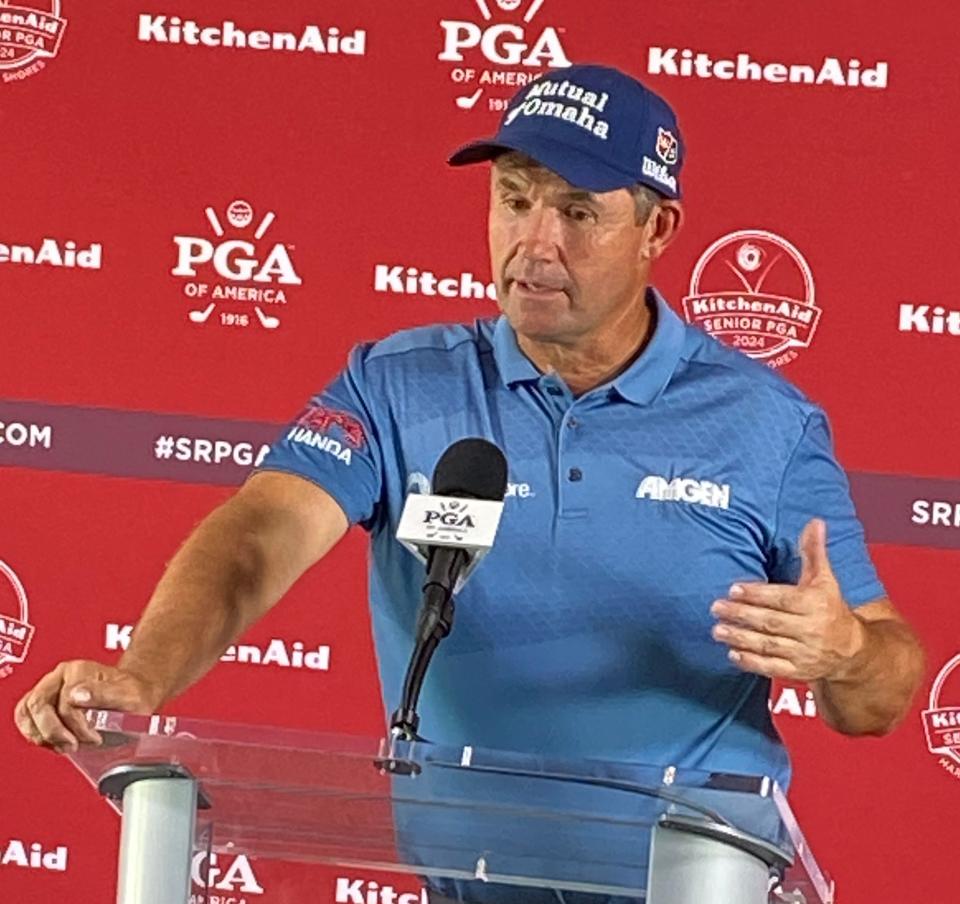 Ireland's Padraig Harrington makes a point with the media during a press conference Tuesday at the Golf Club of Harbor Shores, the site of the 84th KitchenAid Senior PGA Championship which begins Thursday. Harrinigton lost last year's Senior PGA to Steve Stricker in a one-hole playoff.