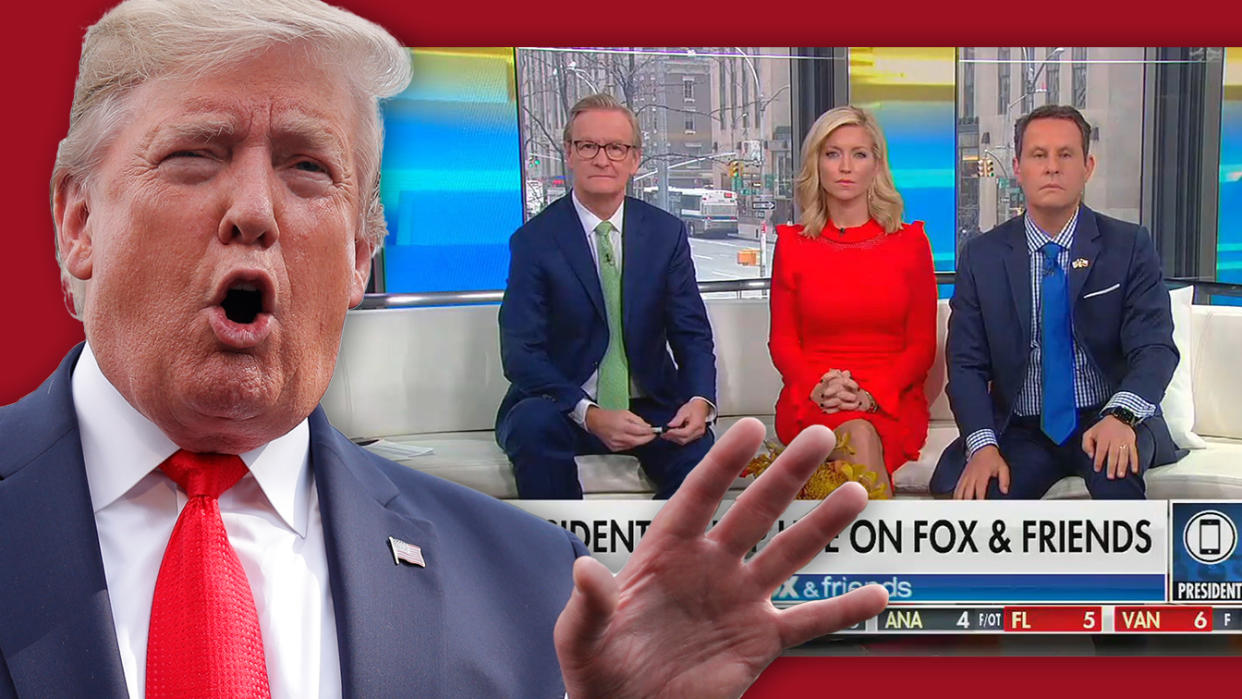 President Donald Trump calls in to Fox & Friends. (Photo illustration: Yahoo News; photos: AP, via Fox & Friends)