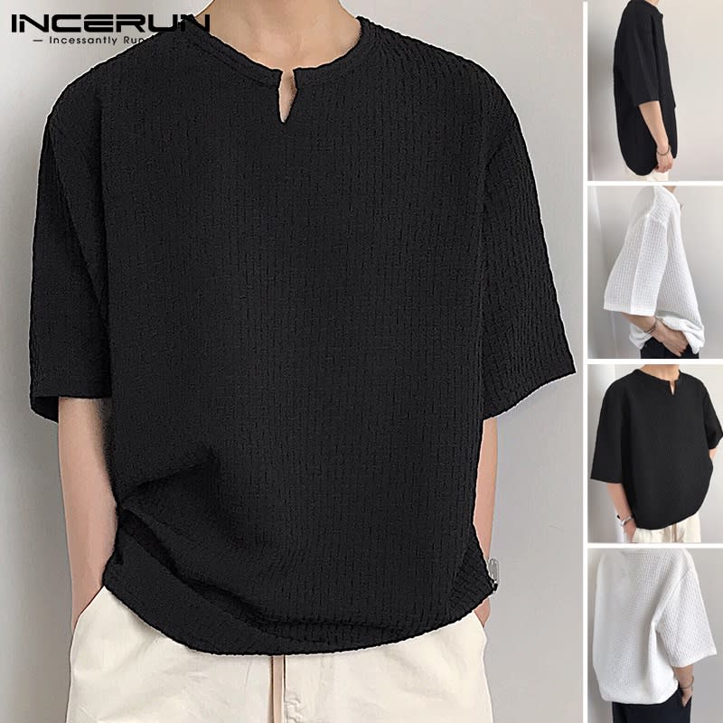 INCERUN Men Fashion V Collar Short Sleeve Solid Colour Oversized T-shirt. (Photo: Shopee SG)