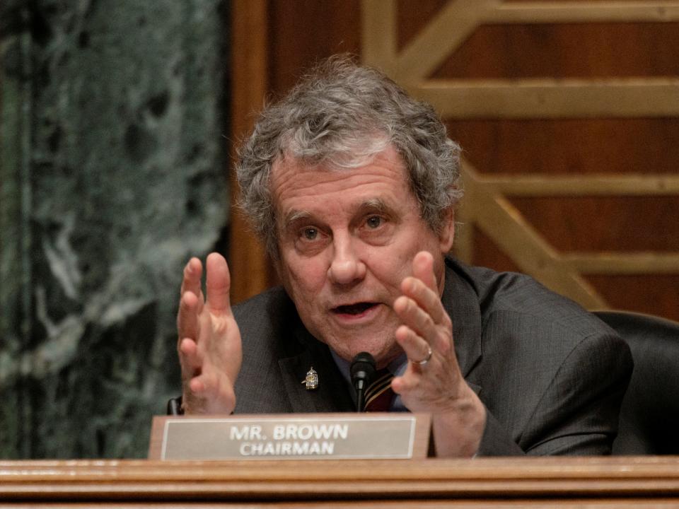 Committee Chair Senator Sherrod Brown (D-OH) queries the witness during the Senate Banking, Housing and Urban Affairs Hearing to examine the President's Working Group on Financial Markets report on Stablecoins in Washington, D.C, U.S., February 15, 2022.