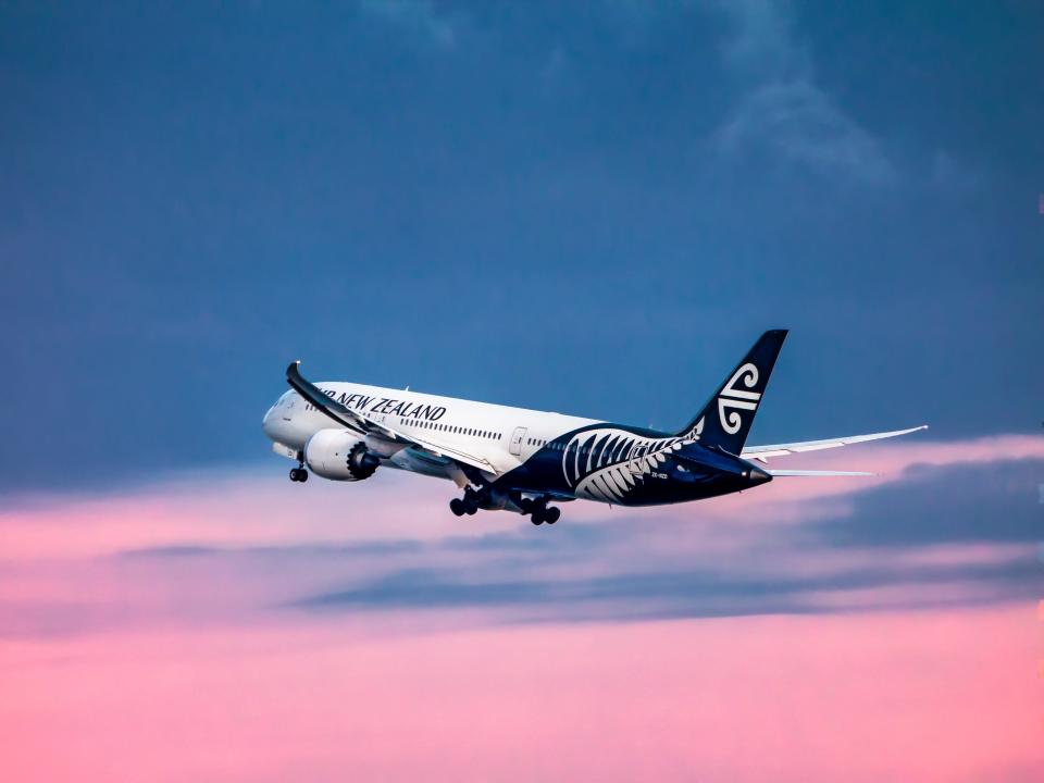 A Boeing 787 with Air New Zealand's branding in front of a blue sky with clouds.