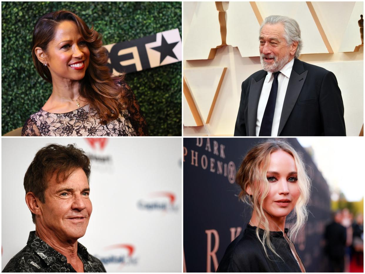 Clockwise from top left: Stacey Dash, Robert De Niro, Jennifer Lawrence, Dennis Quaid have all shown support for political candidates (Getty Images)