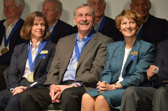 Space shuttle astronauts (from left to right) Bonnie Dunbar, Curt Brown and Eileen Collins are seen being inducted into the U.S. Astronaut Hall of Fame at the Kennedy Space Center Visitor Complex in Florida on Saturday, April 20, 2013.