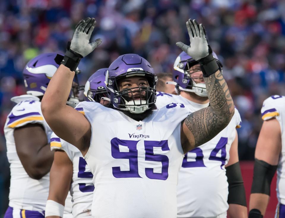 Nov 13, 2022; Orchard Park, New York, USA;Minnesota Vikings defensive tackle Khyiris Tonga (95) against the Buffalo Bills in the fourth quarter at Highmark Stadium. Mandatory Credit: Mark Konezny-USA TODAY Sports