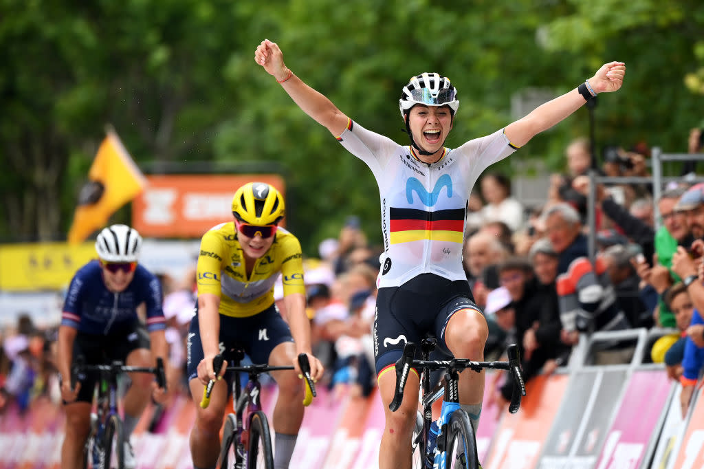  MAURIAC FRANCE  JULY 24 Liane Lippert of Germany and Movistar Team celebrates at finish line as stage winner during the 2nd Tour de France Femmes 2023 Stage 2 a 1517km stage from ClermontFerrand to Mauriac  UCIWWT  on July 24 2023 in Mauriac France Photo by Alex BroadwayGetty Images 