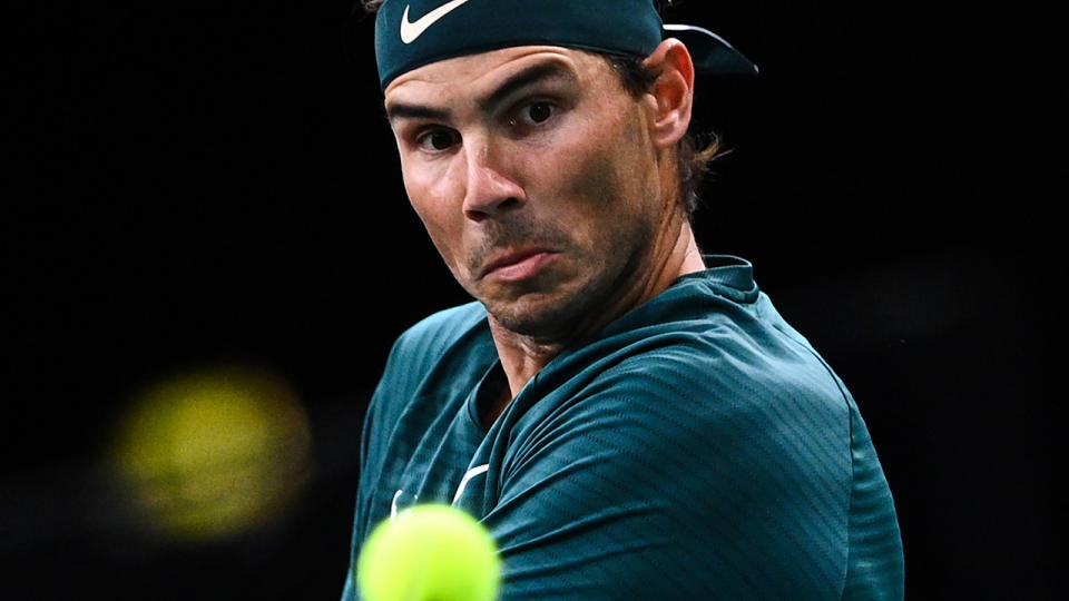 Rafael Nadal is pictured playing at the 2020 Paris Masters.