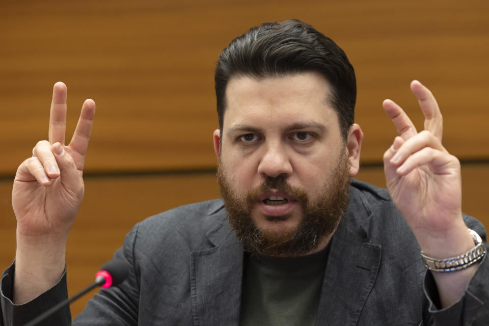 FILE - Leonid Volkov, Russian opposition activist and Chief of staff to Alexei Novalny, delivers his speech, during a preview of the Geneva Summit for Human Rights, at the European headquarters of the United Nations in Geneva, Switzerland, Tuesday, April 5, 2022. Most Russian opposition figures are either in prison at home or are in exile abroad. But they vow that they will still put up a fight against President Vladimir Putin as he seeks yet another term in office in an election scheduled for March.. (Salvatore Di Nolfi/Keystone via AP)