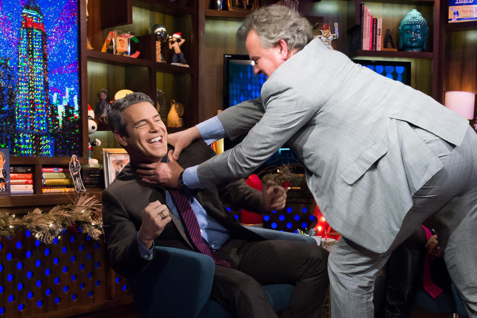 WATCH WHAT HAPPENS LIVE -- Pictured (l-r): Andy Cohen and Hugh Bonneville -- (Photo by: Charles Sykes/Bravo/NBCU Photo Bank/NBCUniversal via Getty Images)