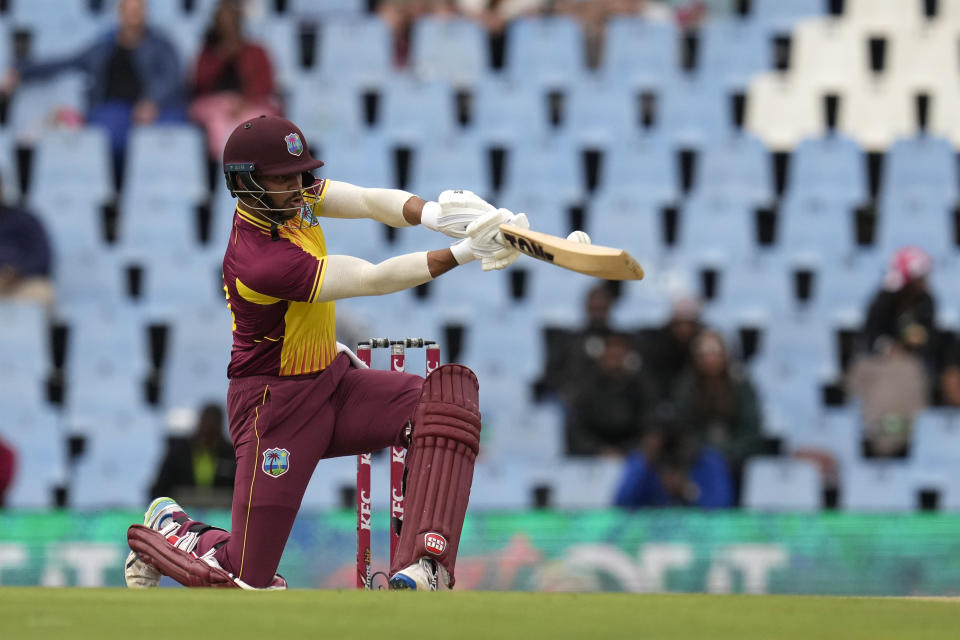 West Indies's batsman Brandon King plays a delivery by South Africa's bowler Sisanda Magala during the first T20 cricket match between South Africa and West Indies, at Centurion Park, South Africa, in Pretoria, South Africa, Saturday, March 25, 2023. (AP Photo/Themba Hadebe)