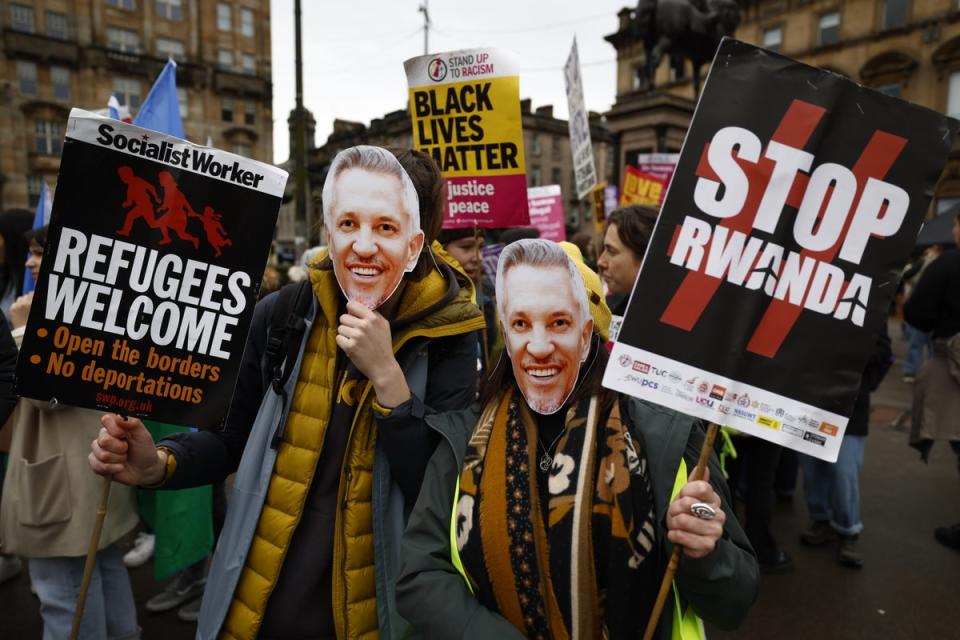 Protesters wearing Gary Lineker masks march during a Stand Up To Racism protest in Glasgow, Scotland (Getty Images)