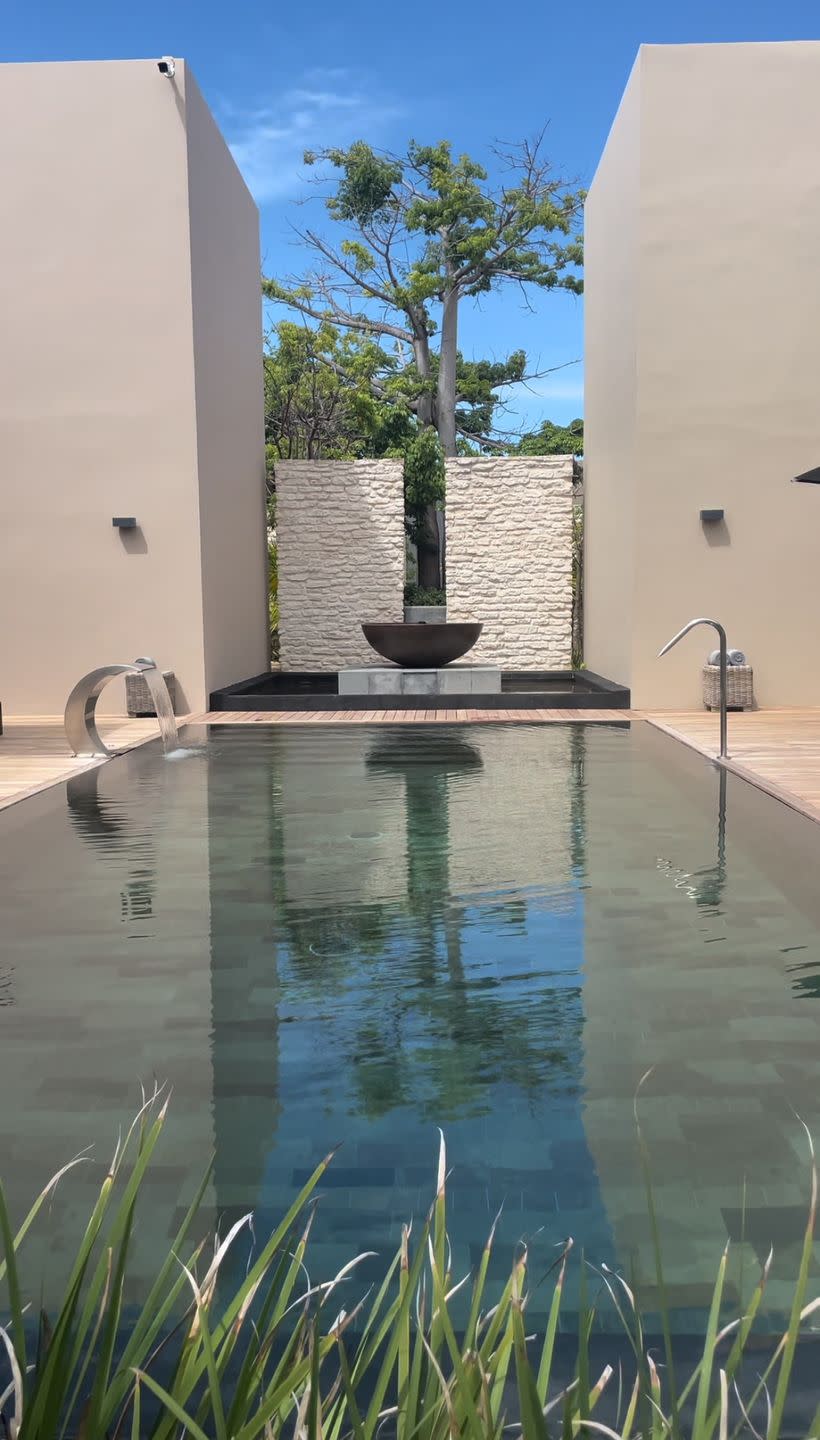 a pool with a brick wall and a tree in the background