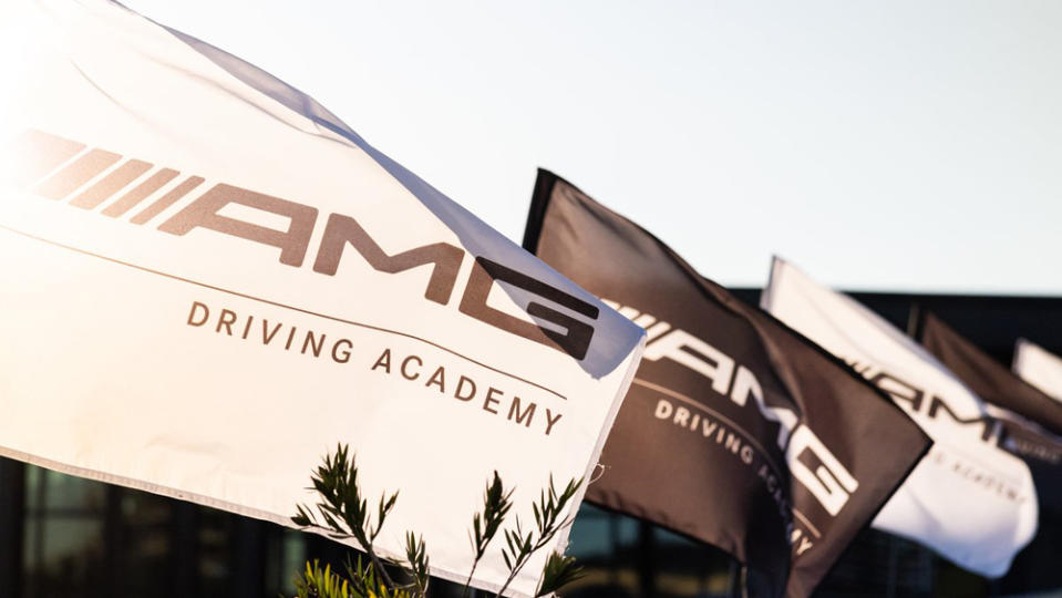 Flags advertising the AMG Driving Academy at Sonoma Raceway in Sonoma, Calif.